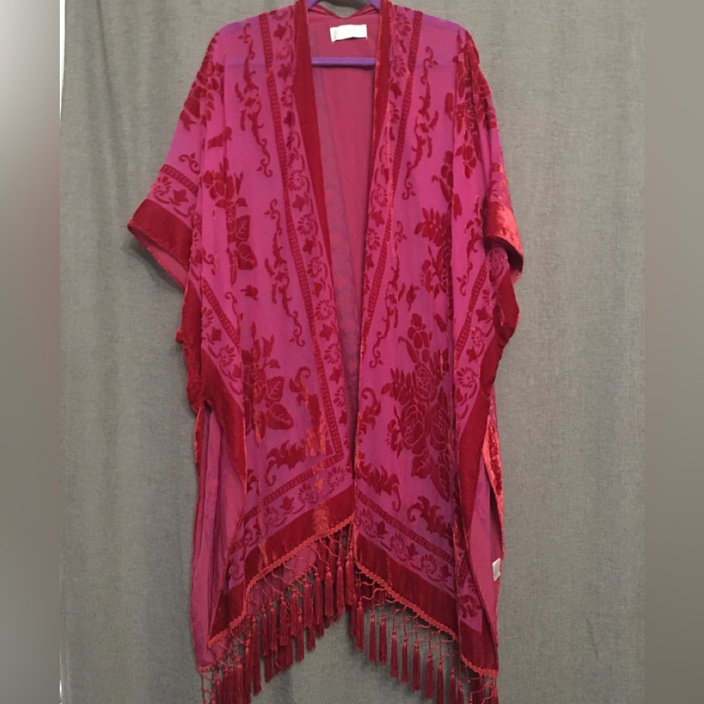 Velvet Kimono Bohemian Shawl Cover Up Cardigan Tassels Fuchsia One Size